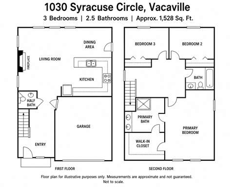 Floor plan for 3 beds, 2.5 baths, 1528 sqft